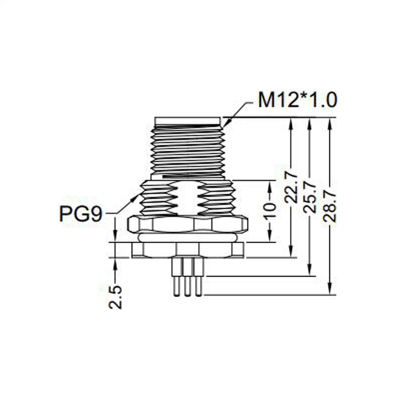 M12 3pins A code male straight front panel mount connector PG9 thread,unshielded,insert,brass with nickel plated shell